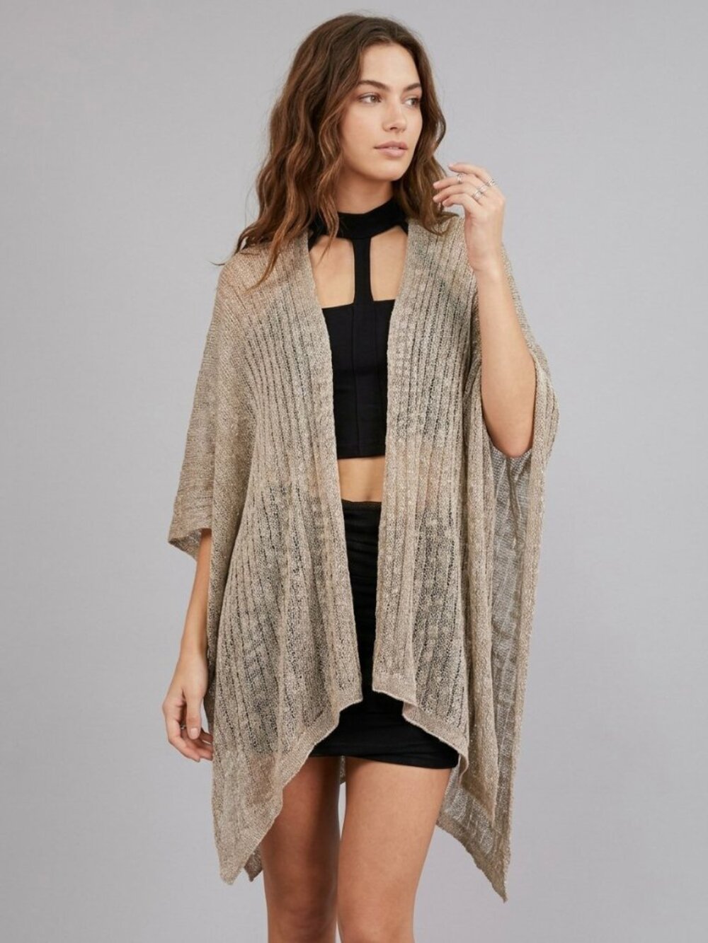 Beige Open Knit Crochet Cardigan Boho Sheer Shawl Poncho Cover Up Wrap